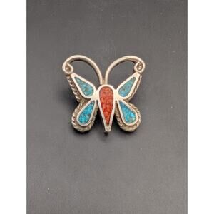 Vintage Navajo Sterling Silver Butterfly Chip Inlay Turquoise Coral Pendant